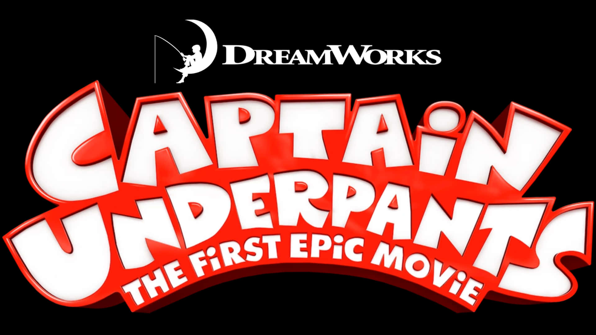 電影動圖 桌布 壁紙 — 在黑色背景上，帶有DreamWorks品牌的Captain Underpants電影大膽紅色和白色3D標誌。