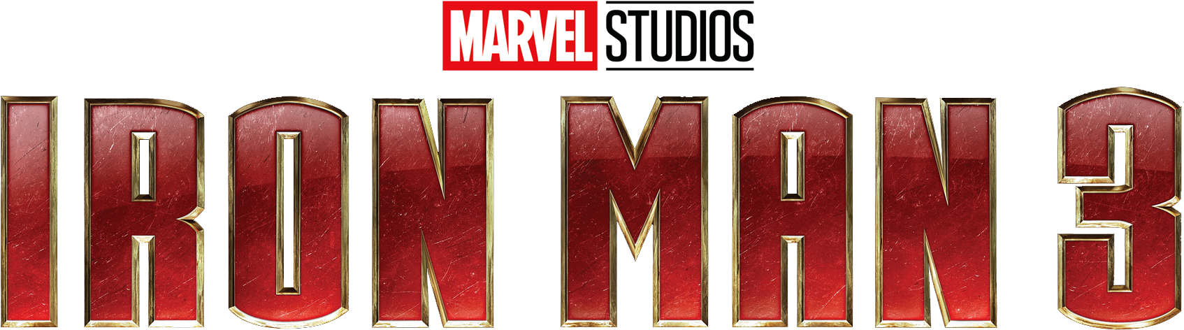 鋼鐵人標誌 桌布 壁紙 — 在黑色背景上，帶有Marvel Studios品牌的醒目紅色和金色「鋼鐵人3」標題標誌。