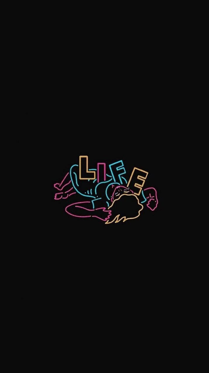 Trippy Dark 桌布 壁紙 — 在黑色背景上，帶有抽象形狀的「LIFE」一詞的鮮豔霓虹輪廓。