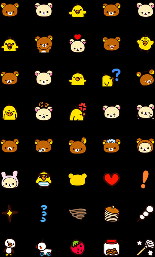 懶懶熊 桌布 壁紙 — 在黑色背景上，帶有明亮色彩的卡通動物面孔和圖標網格。
