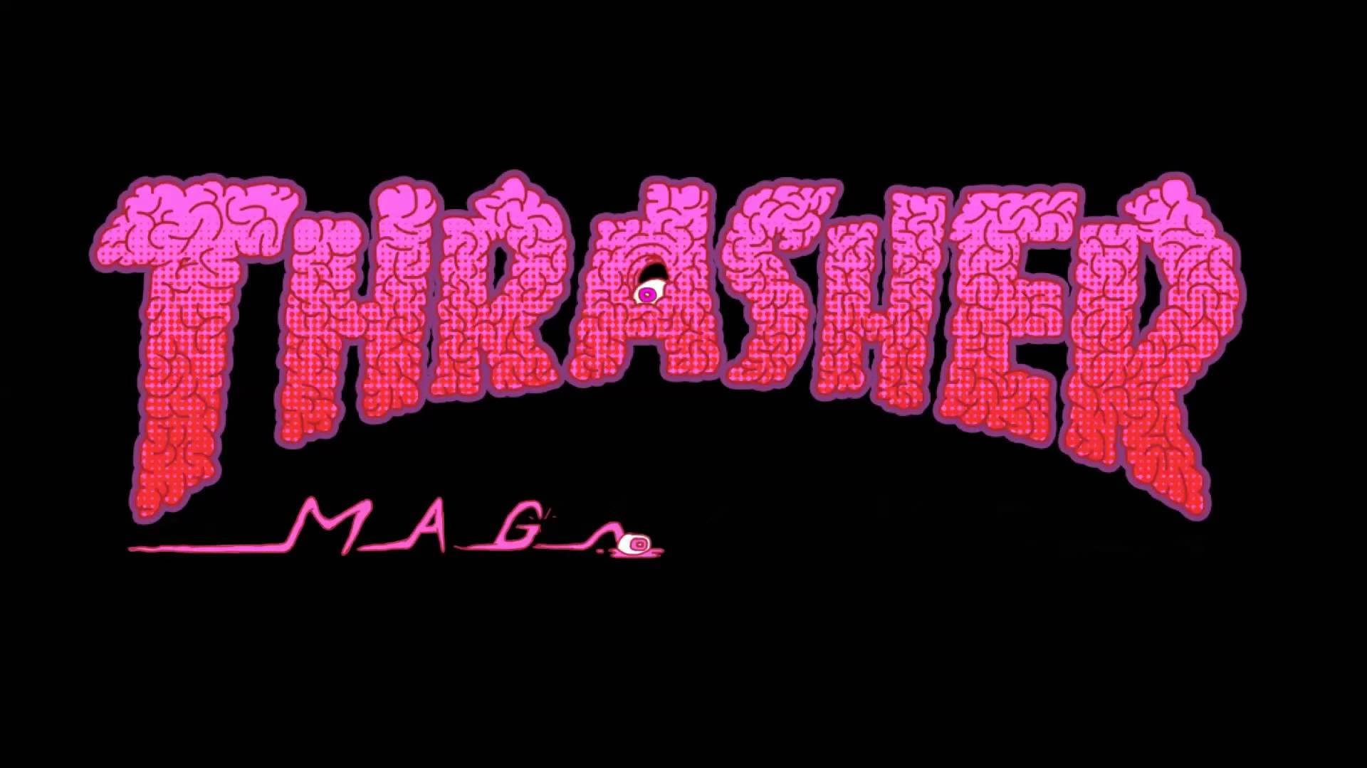 Thrasher 桌布 壁紙 — 在黑色背景上，帶有腦狀紋理和字母A中微小眼球的醒目粉紅色Thrasher Mag標誌。
