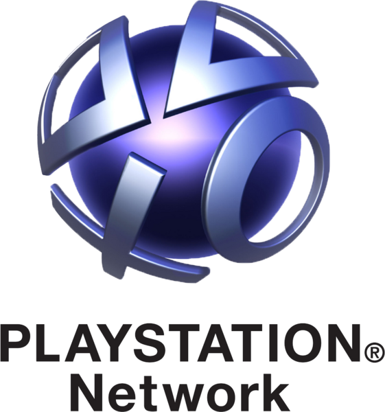PlayStation 桌布 壁紙 — 在黑色背景上，帶有金屬環和漸變球體的閃亮藍色PlayStation Network標誌。
