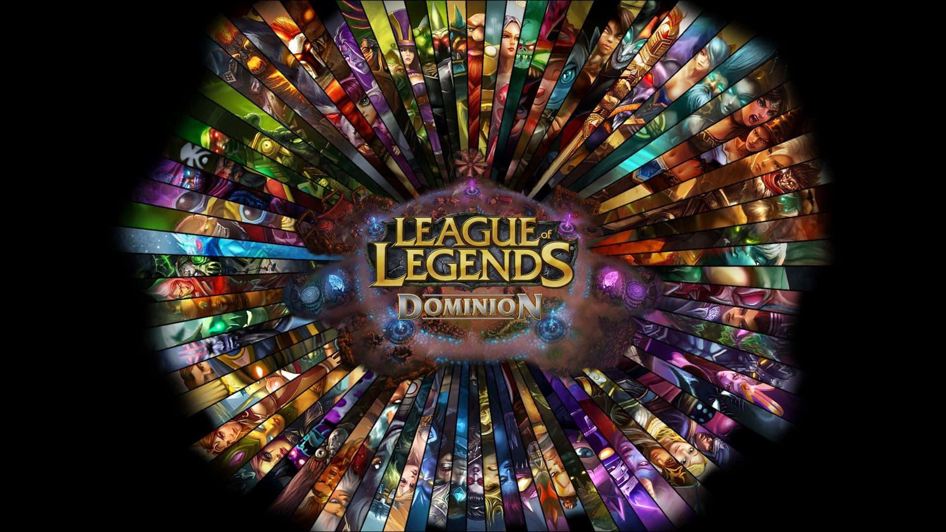 Best League Of Legends 桌布 壁紙 — 在黑色背景上，從中央的「Dominion」標誌向外放射出色彩繽紛的《英雄聯盟》英雄肖像的燦爛爆發。