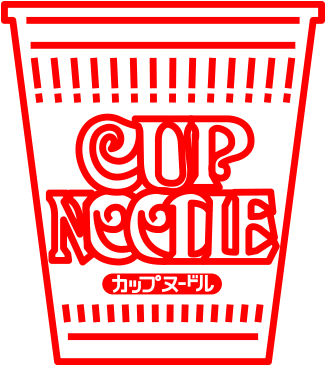 大阪 桌布 壁紙 — 在黑色背景上，杯麵（Cup Noodles）的杯形大膽紅色風格化標誌。
