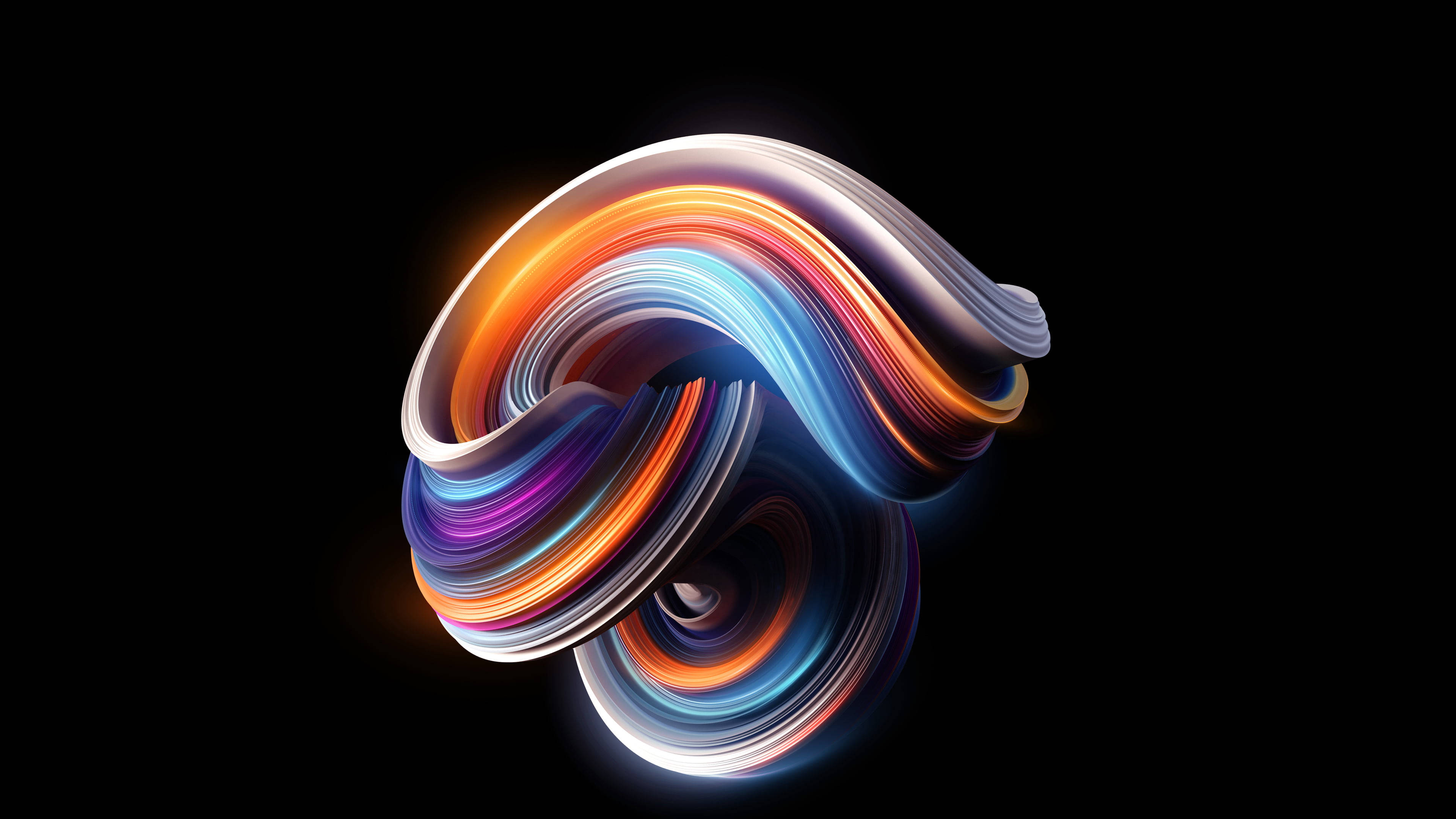 AMOLED 4K 桌布 壁紙 — 在黑色背景上，橙色、藍色和紫色的鮮豔旋轉光軌。