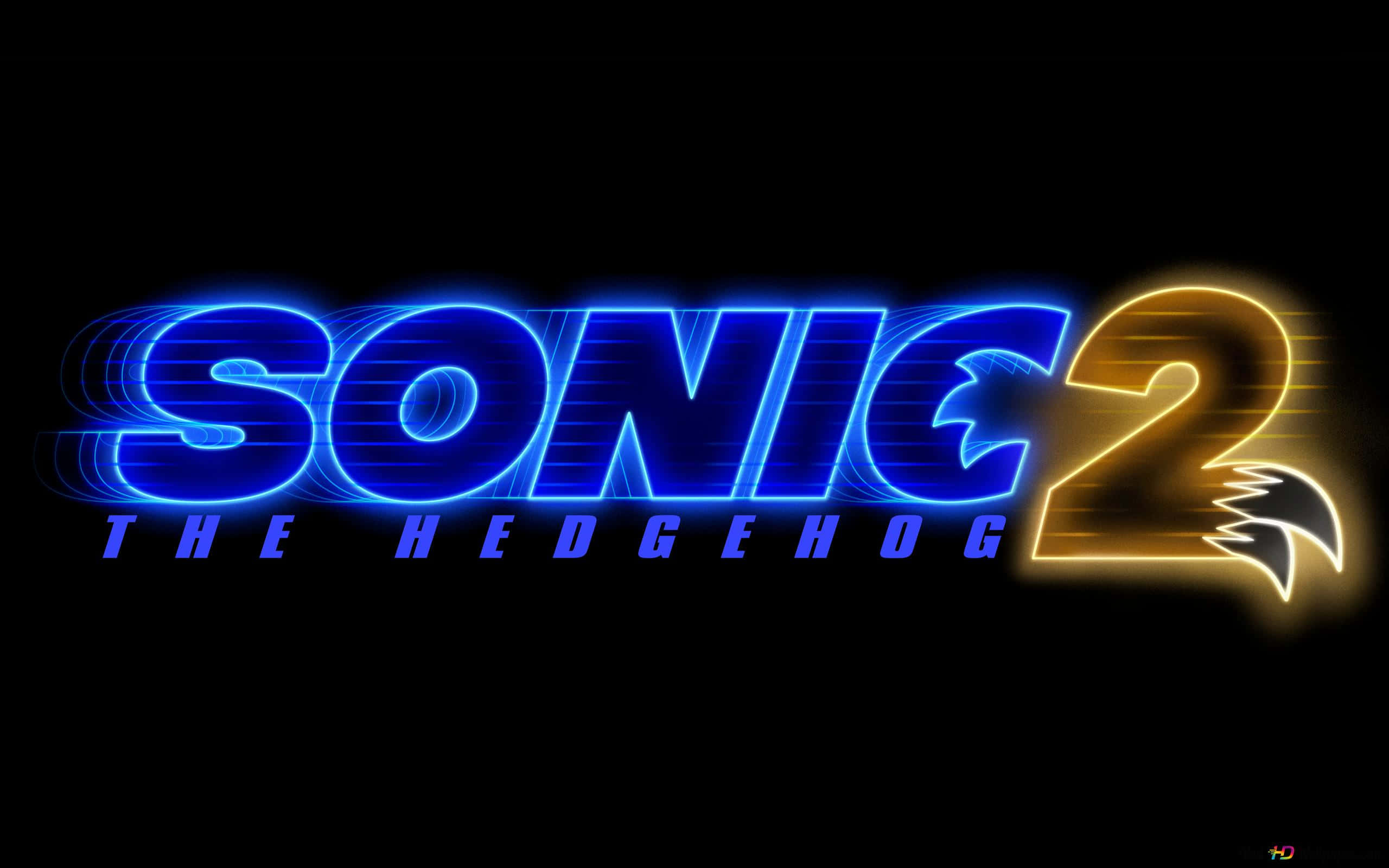 Sonic Logo 桌布 壁紙 — 在黑色背景上，為《音速小子2》發光的藍色和金色霓虹標題標誌。