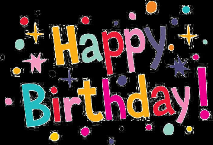 Happy Birthday Text 桌布 壁紙 — 在黑色背景上，由星星和圓點環繞的多彩俏皮字母組成的鮮豔「Happy Birthday!」文字。