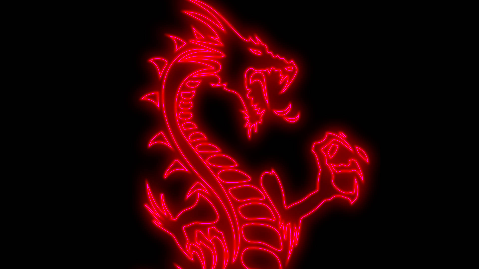 日式龍 桌布 壁紙 — 在黑色背景上，發光的紅色霓虹龍剪影，帶有尖刺鱗片和舉起的爪掌。