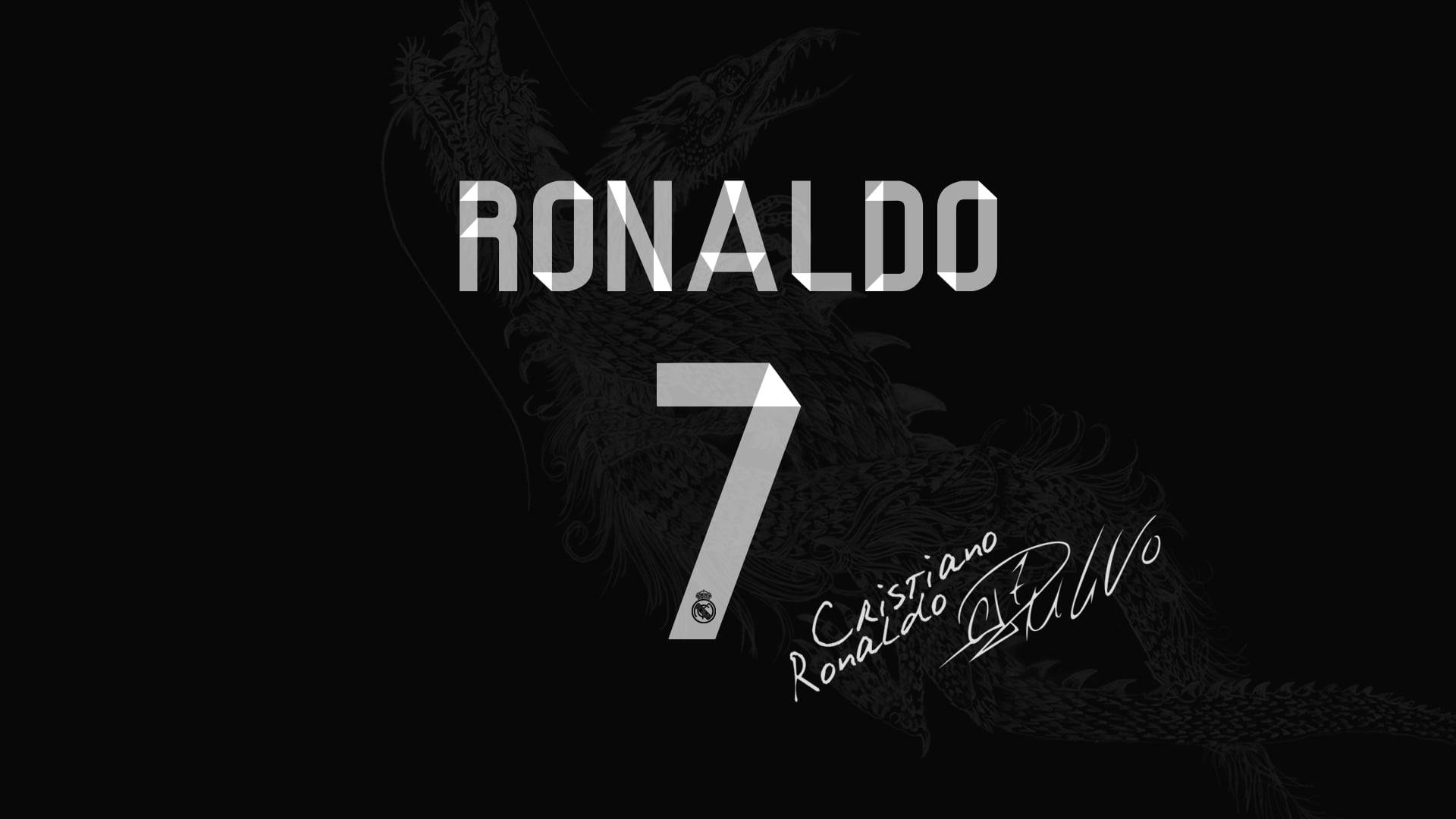 克里斯蒂亞諾·羅納度 桌布 壁紙 — 在黑色背景上，粗體白色文字拼出 RONALDO 和數字 7，上方有微妙的龍剪影。