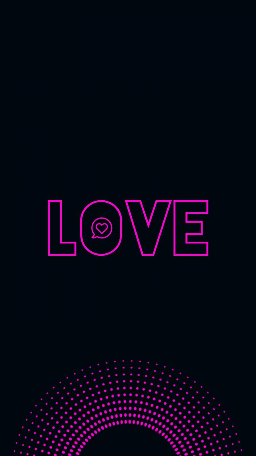 Love Phone 桌布 壁紙 — 在黑色背景上，粗體粉紅色霓虹燈「LOVE」文字，心形圖標居中於彎曲圓點圖案上方。