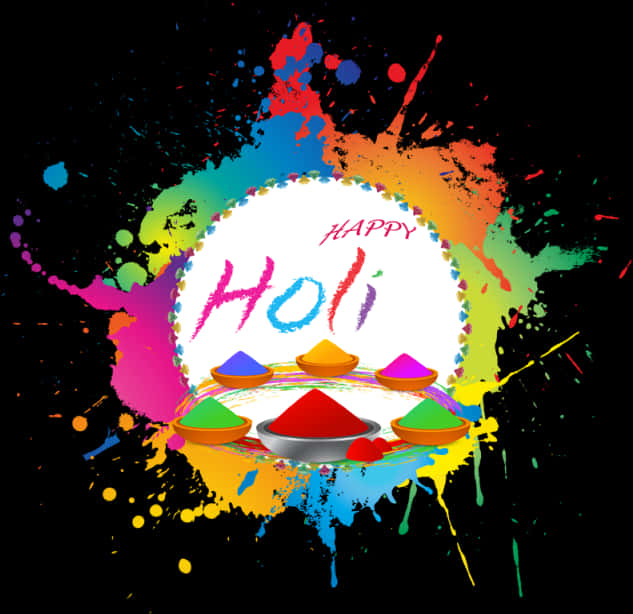 Holi Colour 桌布 壁紙 — 在黑色背景上，色彩繽紛的粉末飛濺和顏料碗，充滿活力的灑紅節慶祝活動。
