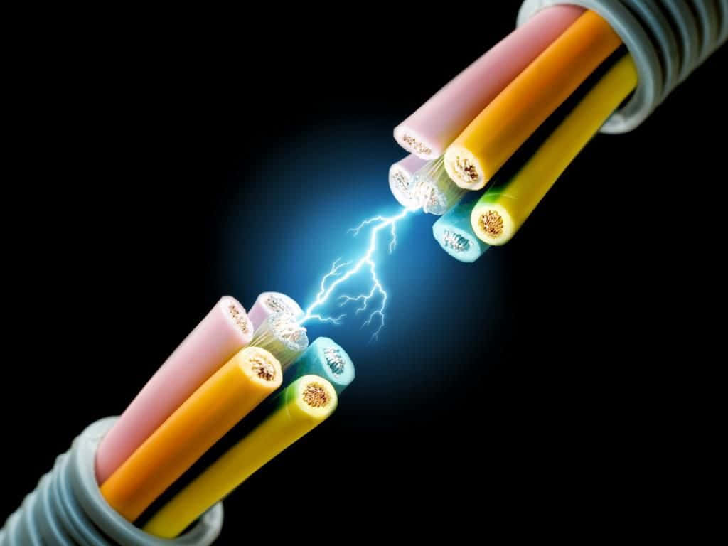 電力 桌布 壁紙 — 在黑色背景上，色彩繽紛的電線裸露端之間出現生動的藍色閃電弧。