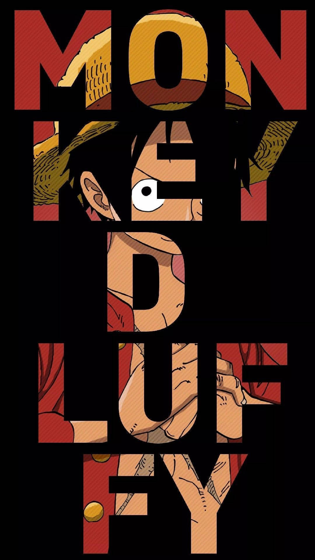 One Piece Phone 桌布 壁紙 — 在黑色背景上，蒙奇·D·魯夫的動畫肖像大膽地碎片化在他的名字字母中。