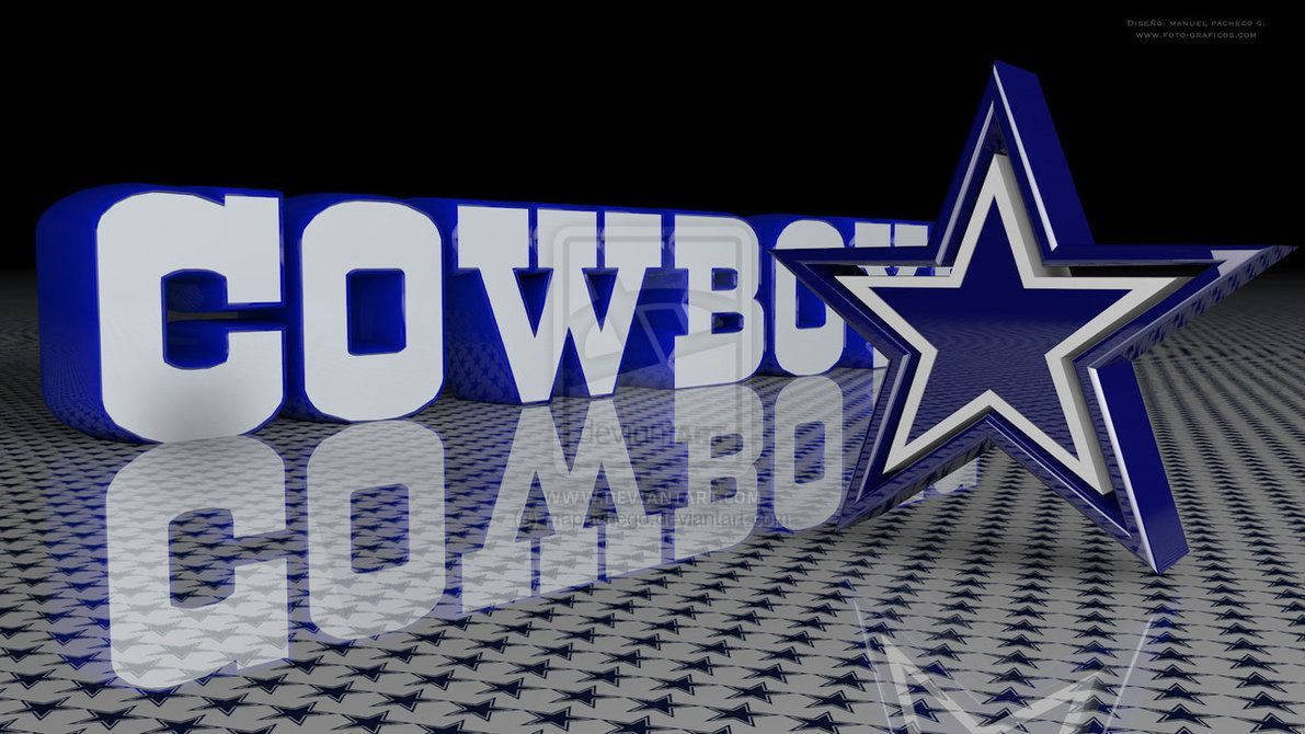 牛仔 桌布 壁紙 — 在黑色背景上，藍色和白色的粗體3D「COWBOYS」文字和星星標誌位於反射的棋盤格地板上。