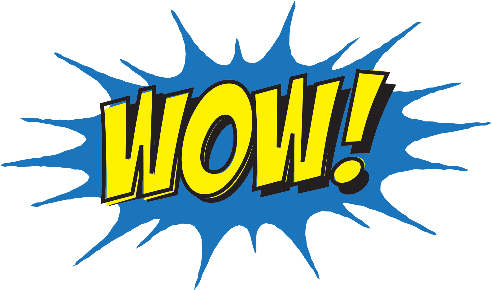 Clip Art 桌布 壁紙 — 在黑色背景上，藍色漫畫風格爆炸中的粗體黃色「WOW!」文字。