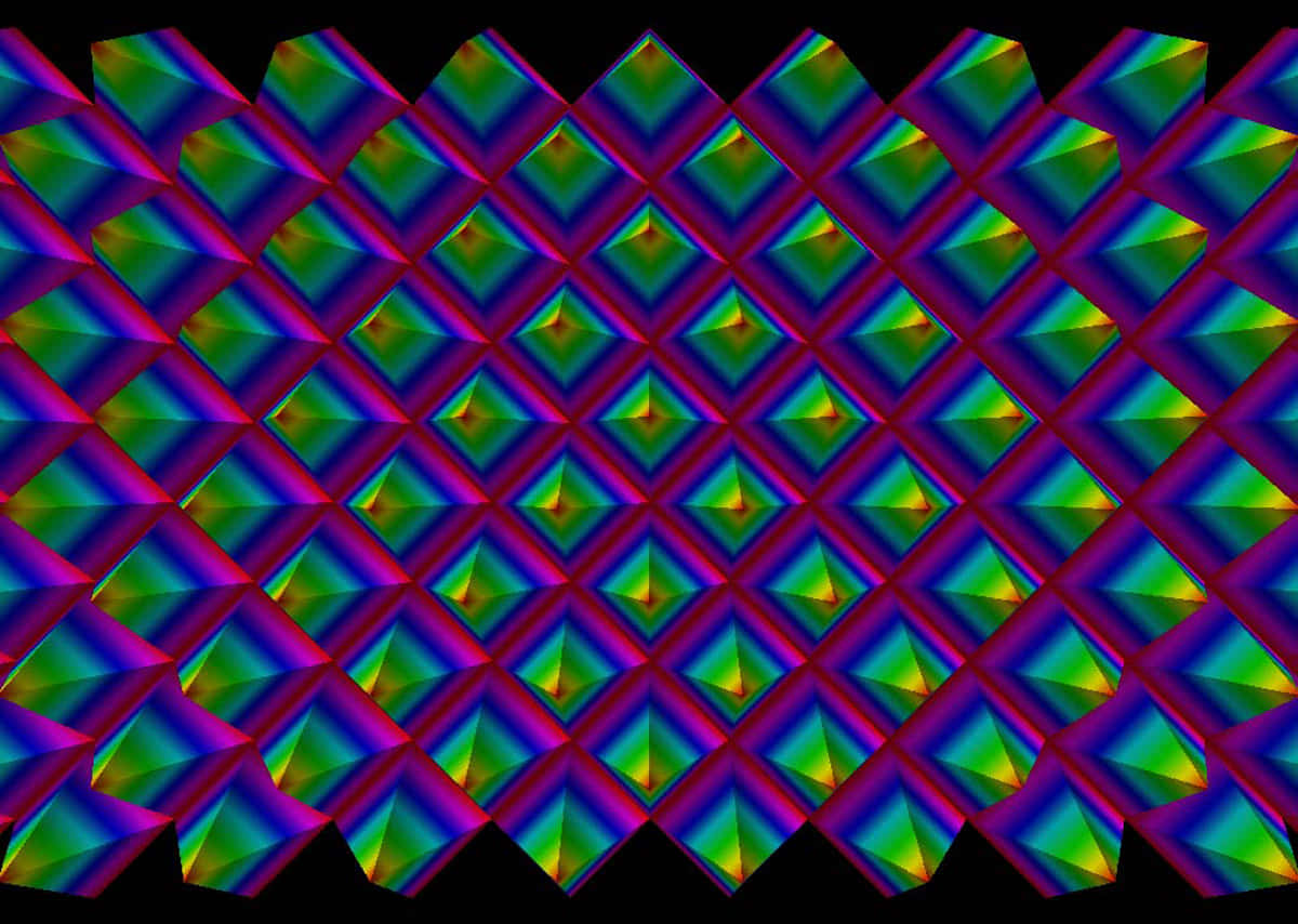Magic Eye 桌布 壁紙 — 在黑色背景上，重複的鑽石形狀帶有彩虹漸變的鮮豔幾何圖案。