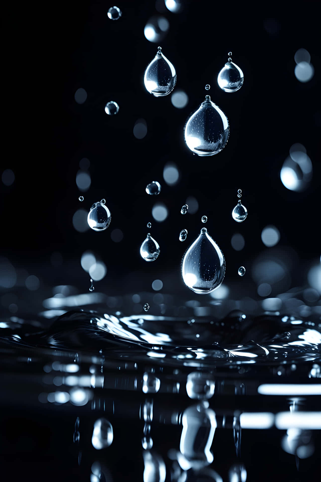 waters non-wetness wallpaper 壁紙 — 在黑色背景上，閃爍的水滴懸浮在漣漪的黑暗表面上方。