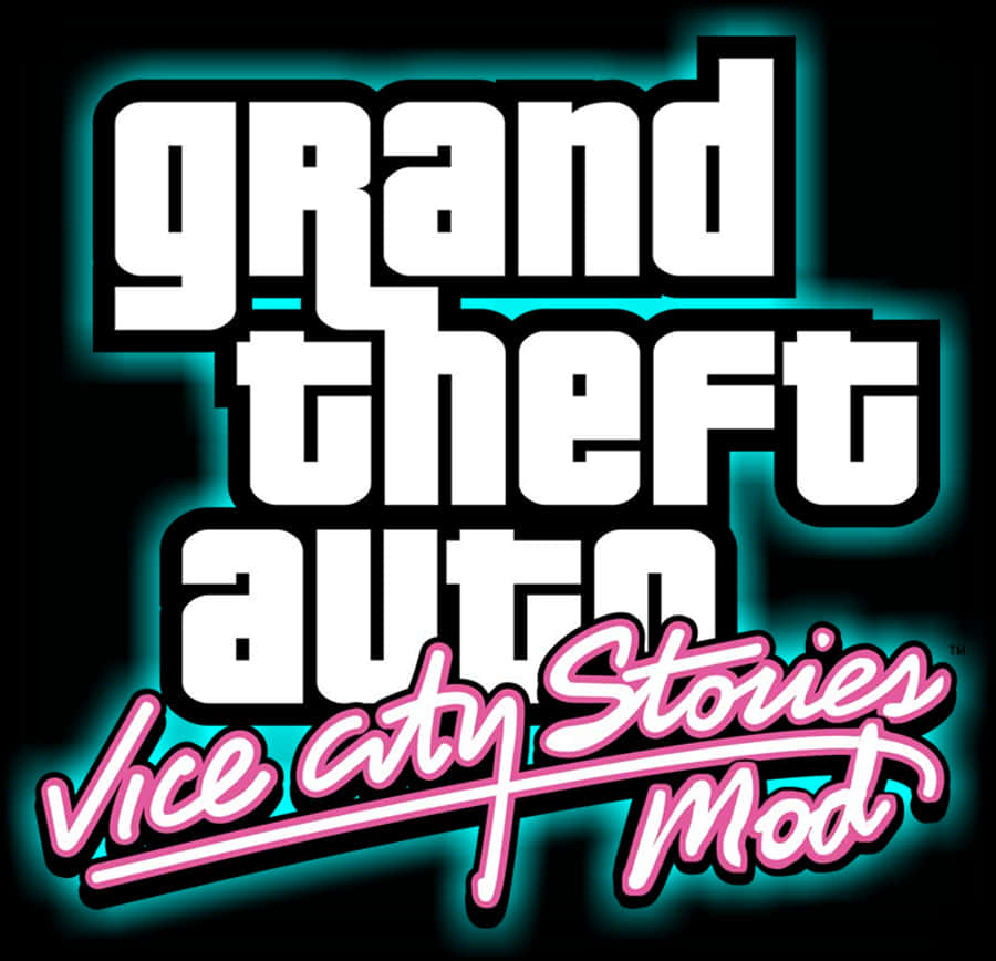 Gta 桌布 壁紙 — 在黑色背景上，霓虹燈照亮的 'Grand Theft Auto Vice City Stories Mod' 標誌發出青色和粉紅色的光芒。