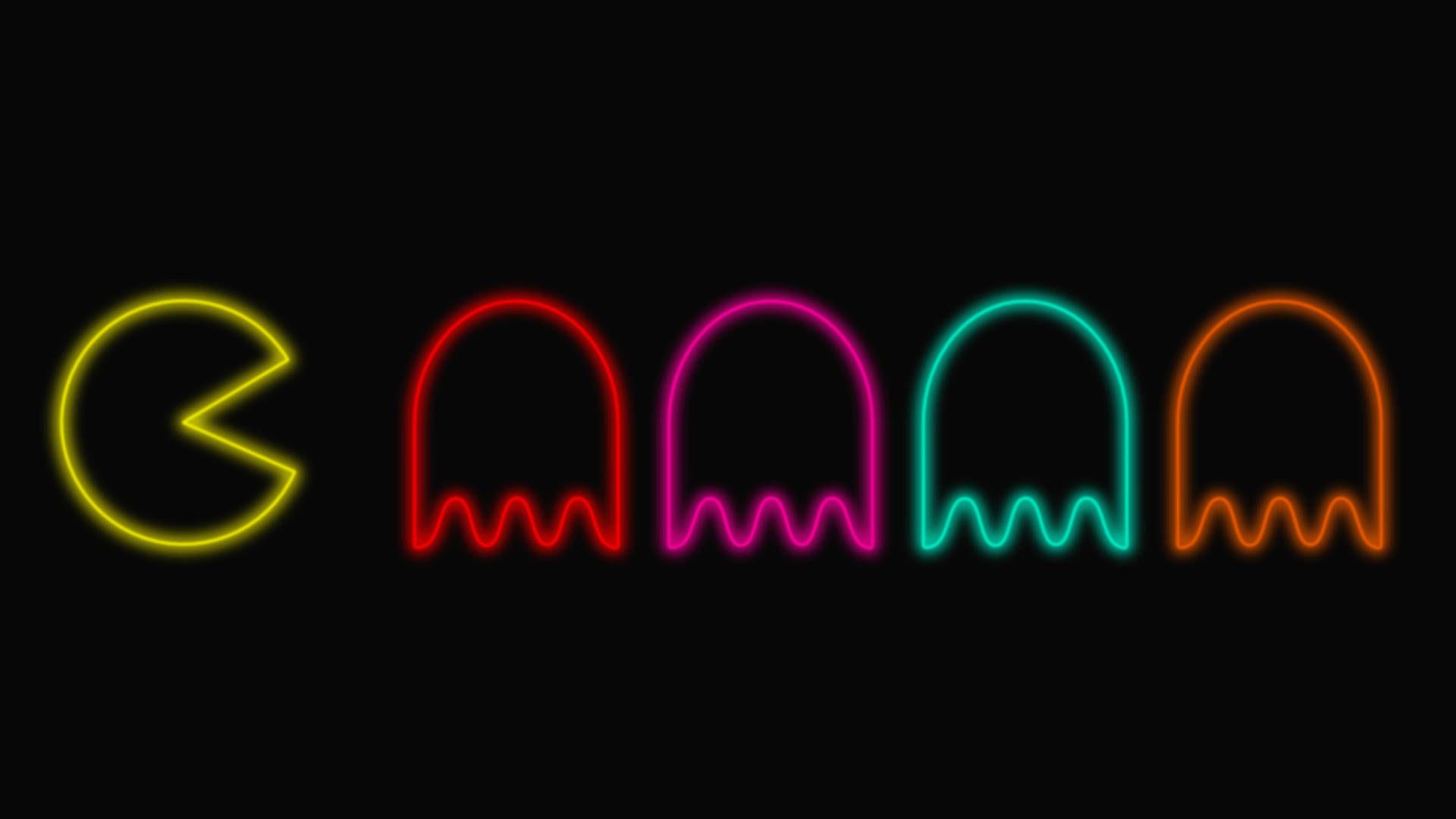 pac man 桌布 壁紙 — 在黑色背景上，霓虹燈發光的 Pac-Man 和鬼魂，色彩鮮豔。