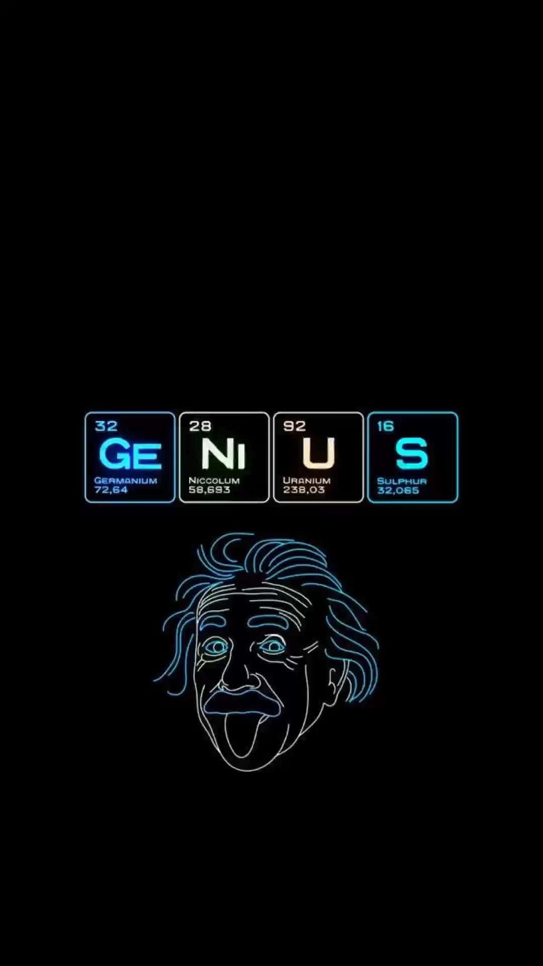 Dark Genius 桌布 壁紙 — 在黑色背景上，霓虹藍色發光的元素週期表元素在風格化的愛因斯坦面孔上方拼出「GENIUS」。