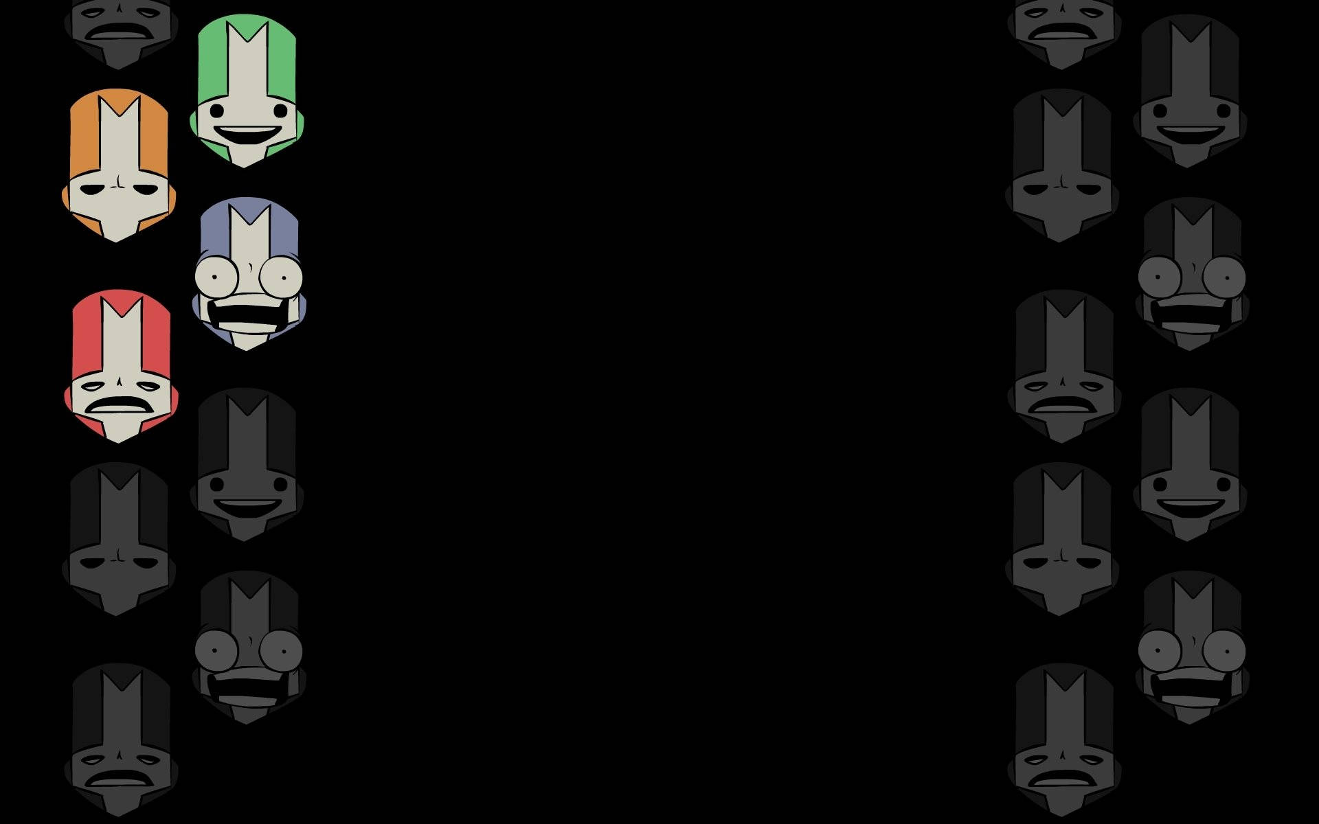 Castle Crashers 桌布 壁紙 — 在黑色背景上，風格化的卡通騎士頭盔網格，具有多種表情和顏色。