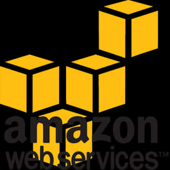 Amazon Logo White Transparent 桌布 壁紙 — 在黑色背景上以3D圖案堆疊的醒目黃色立方體，帶有Amazon Web Services文字。