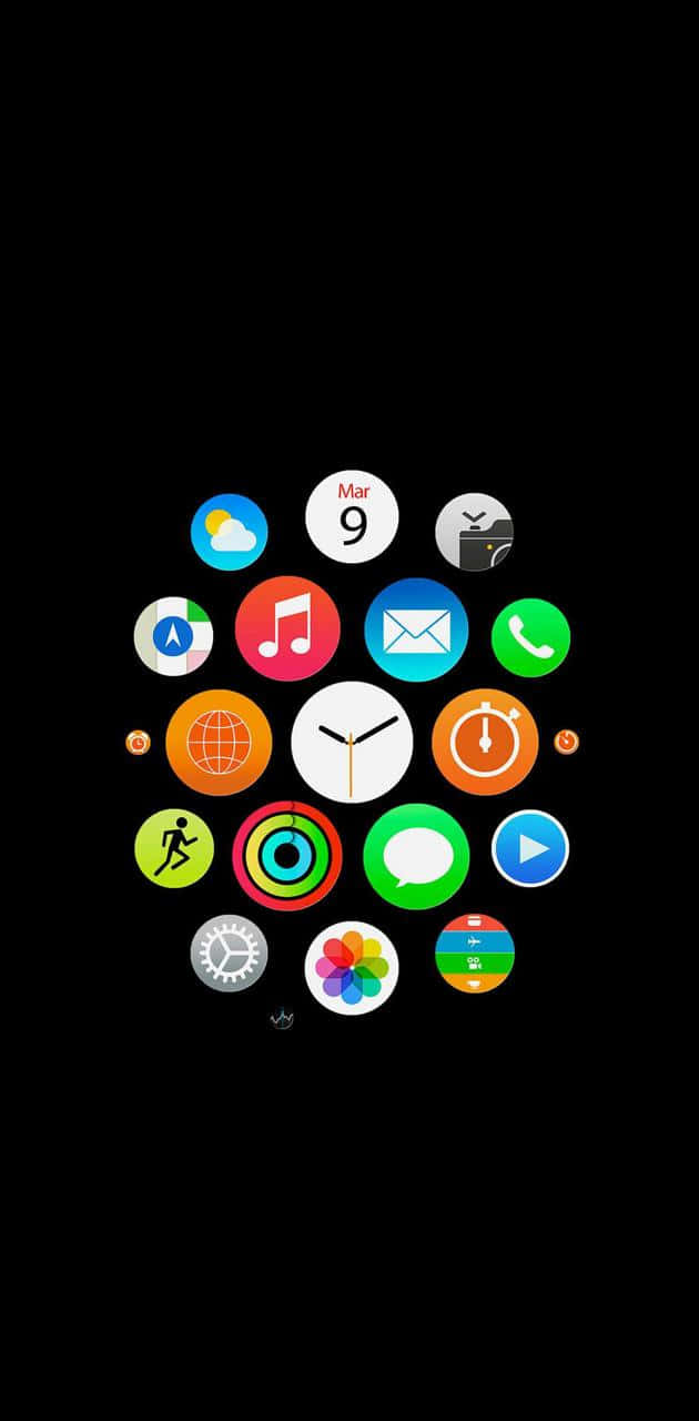 手機 桌布 壁紙 — 在黑色背景上以圓形排列色彩繽紛的 iOS 應用程式圖標，中央有一個時鐘。