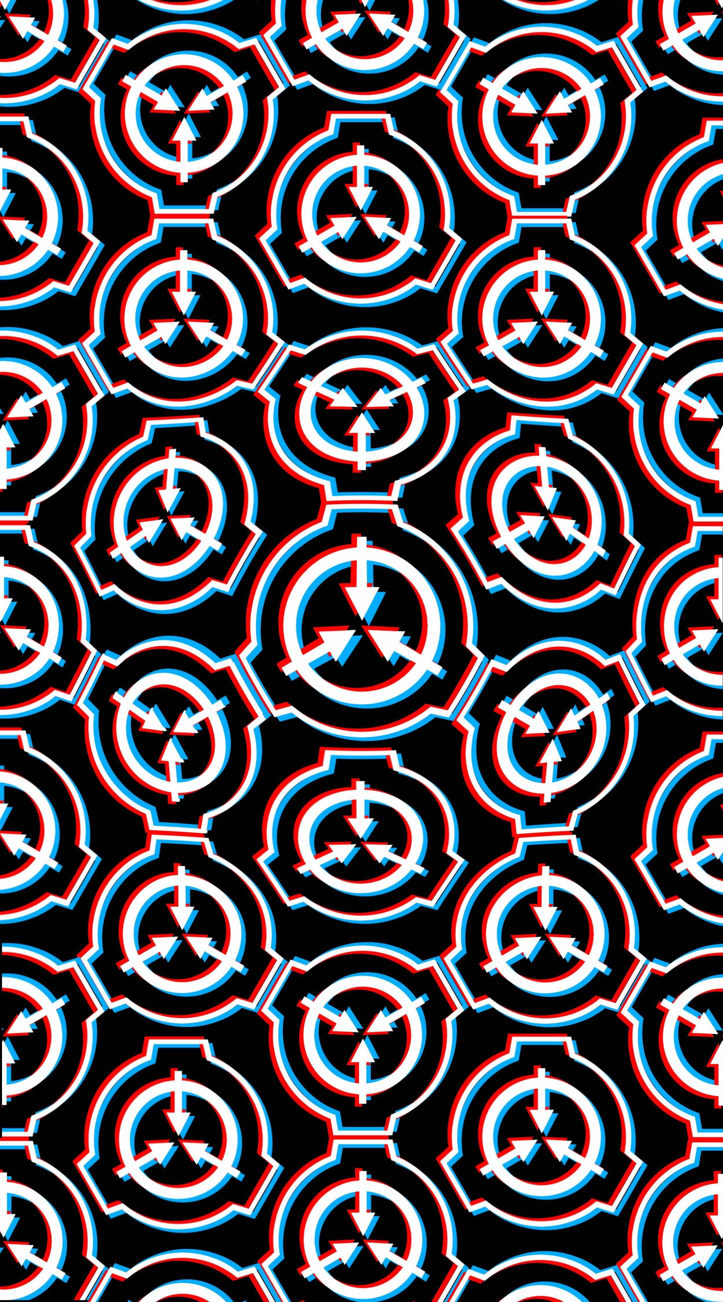SCP 桌布 壁紙 — 在黑色背景上以紅藍3D立體風格重複的SCP Foundation標誌。