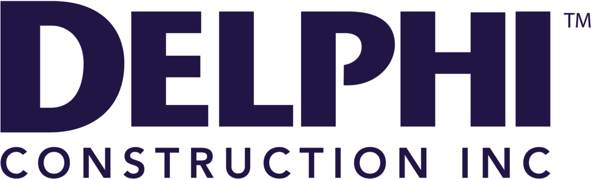 標誌 桌布 壁紙 — 在黑色背景上以紫色粗體顯示的Delphi Construction Inc標誌，搭配簡潔現代字體。