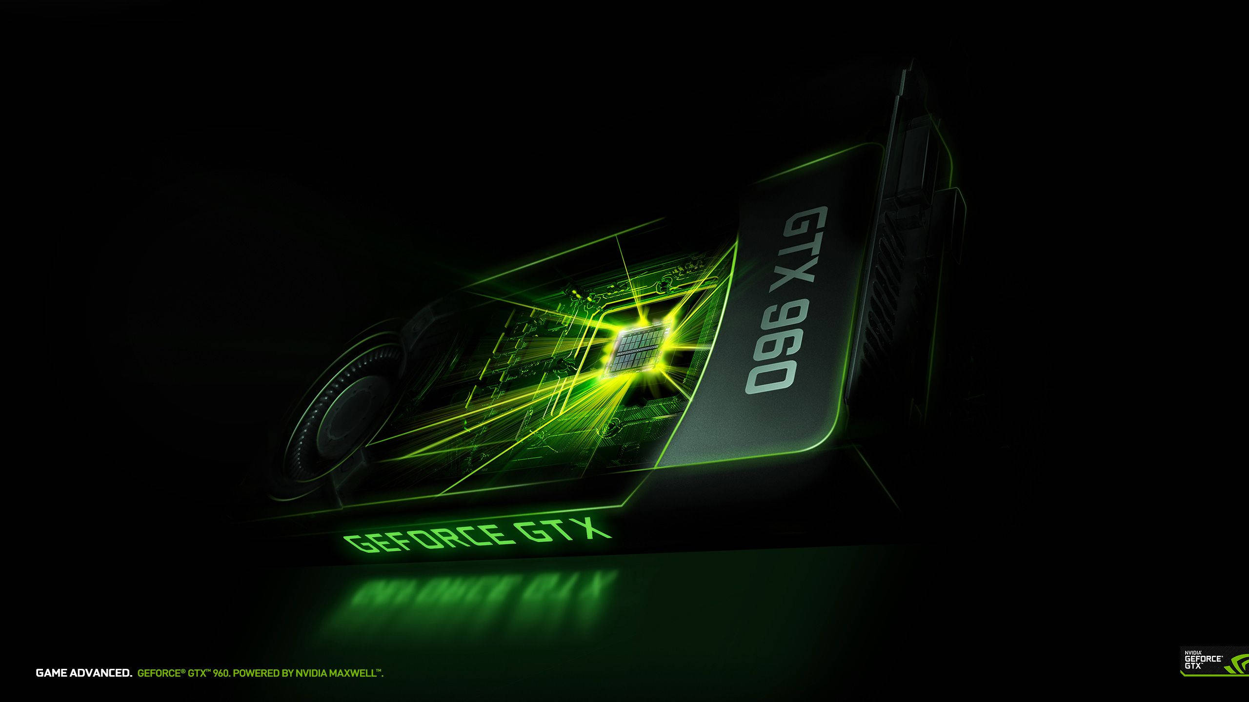 nvidia 桌布 壁紙 — 在黑色背景上以霓虹電路效果照亮的發光綠色NVIDIA GeForce GTX 960顯示卡。
