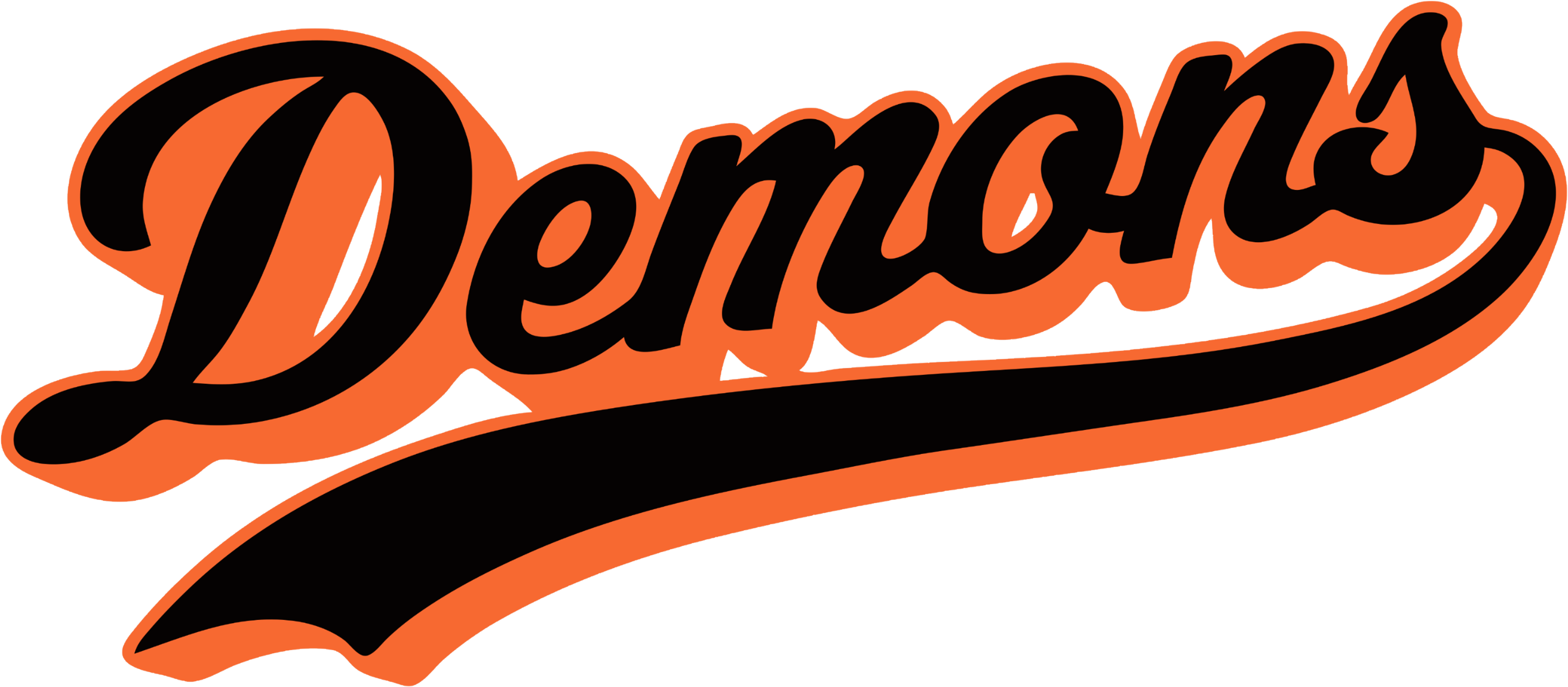 惡魔動圖 桌布 壁紙 — 在黑色背景上以黑色輪廓拼寫 Demons 的粗體橙色草書文字。