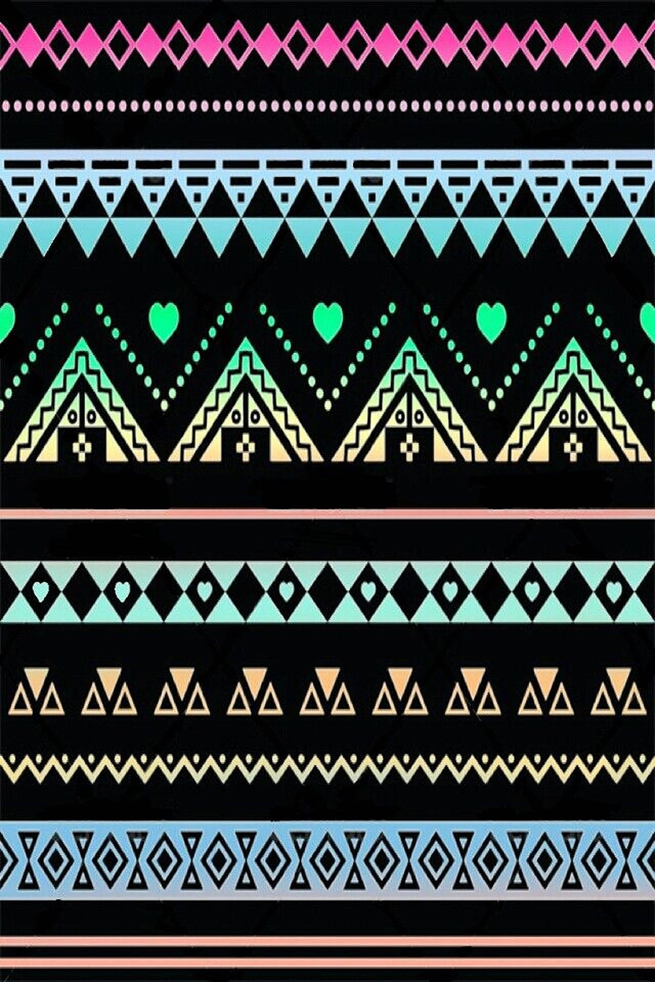 Tribal 桌布 壁紙 — 在黑色背景上呈現粉紅色、藍綠色、綠色和金色的鮮豔幾何部落圖案。