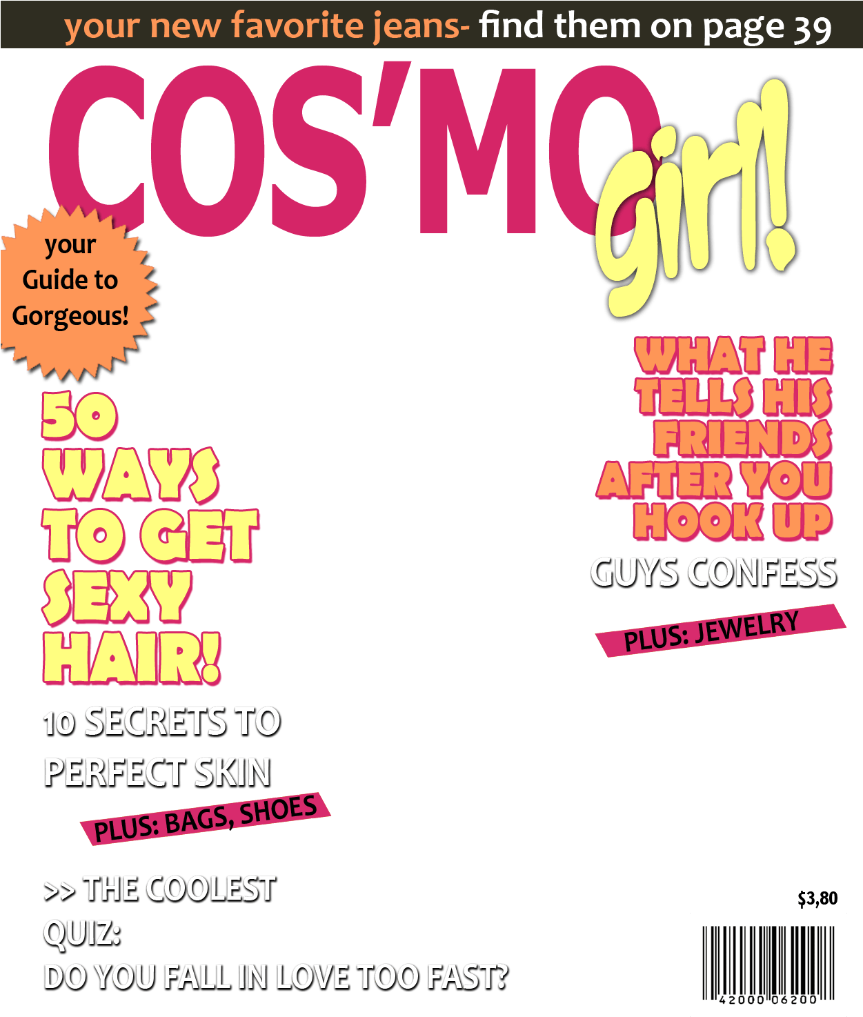 雜誌 桌布 壁紙 — 在黑色背景上大膽多彩的文字為 Cosmo Girl 雜誌封面推廣時尚、美容和關係測驗。