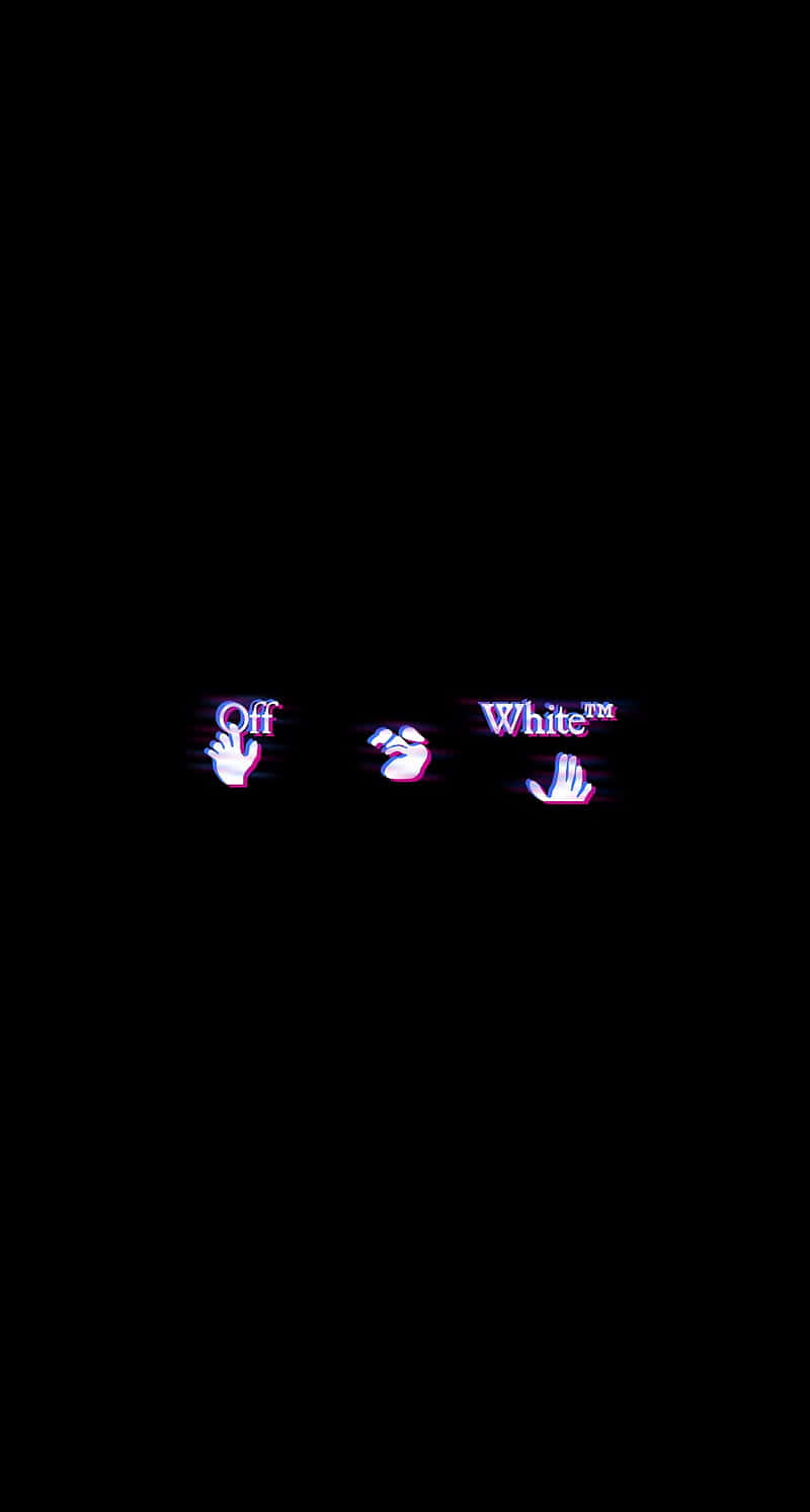 Off White iPhone 桌布 壁紙 — 在黑色背景上居中顯示帶有手部圖示的霓虹粉紅和藍色發光 Off White 標誌。