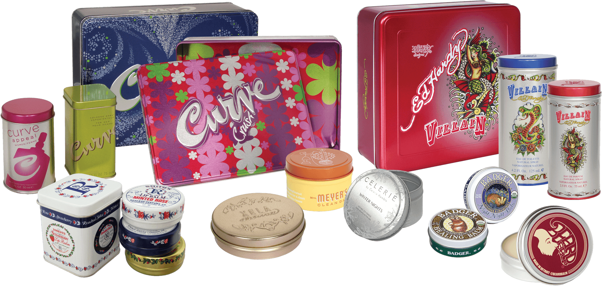 Cosmetics Products 桌布 壁紙 — 在黑色背景上展示的一系列充滿活力的復古風格罐子和容器，帶有色彩繽紛的品牌標誌和花卉圖案。