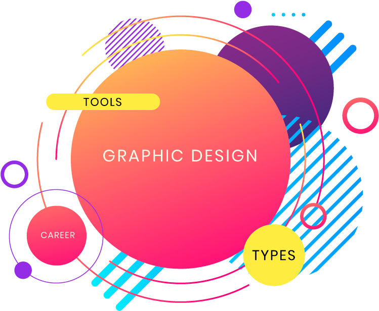 graphic design 桌布 壁紙 — 在黑色背景上帶有漸變圓圈和粗體文字元素的鮮豔抽象圖形設計插圖。