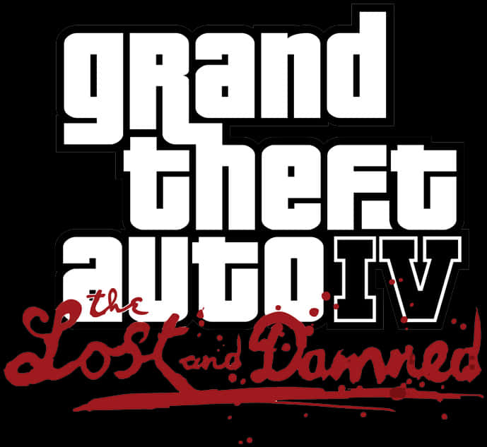 Gta 桌布 壁紙 — 在黑色背景上帶有血濺效果的 Grand Theft Auto IV The Lost and Damned 大膽白色和紅色文字。