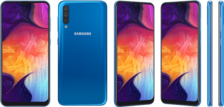 三星 桌布 壁紙 — 在黑色背景上從多個角度展示的充滿活力的藍色Samsung智慧型手機，帶有彩色抽象桌布。