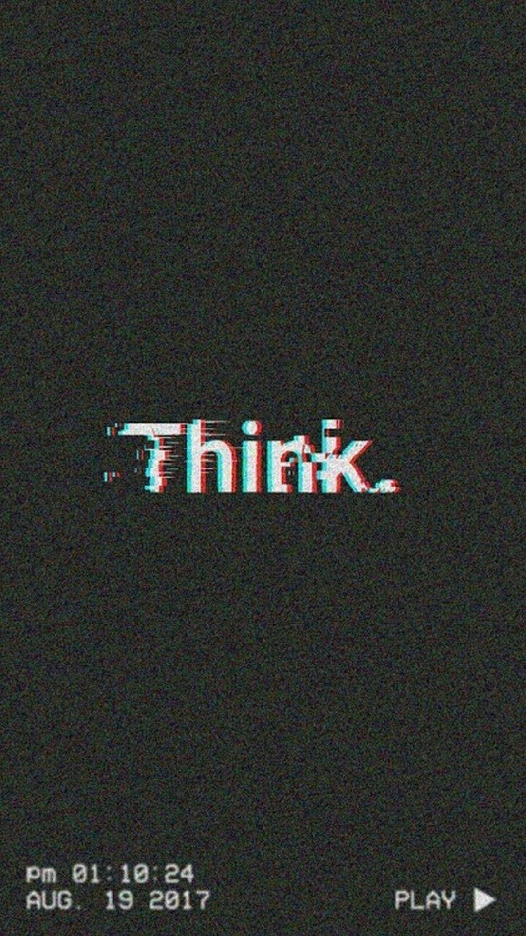 mind 桌布 壁紙 — 在黑色背景上用紅色和青色顯示的故障效果文字 'Think.'，附有時間戳和播放按鈕。