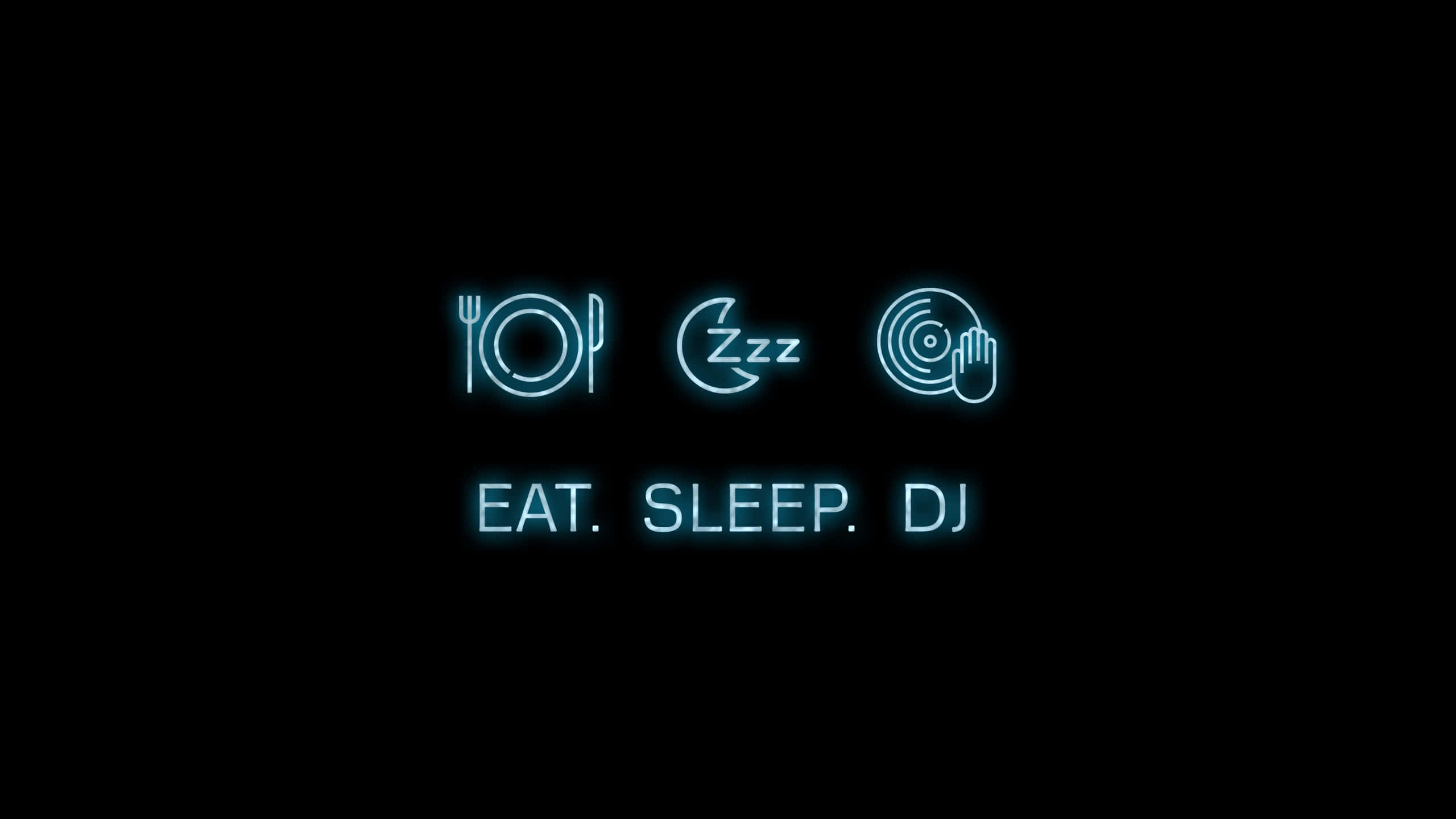 DJ 桌布 壁紙 — 在黑色背景上發光的藍色霓虹燈圖標，用於eat sleep dj。