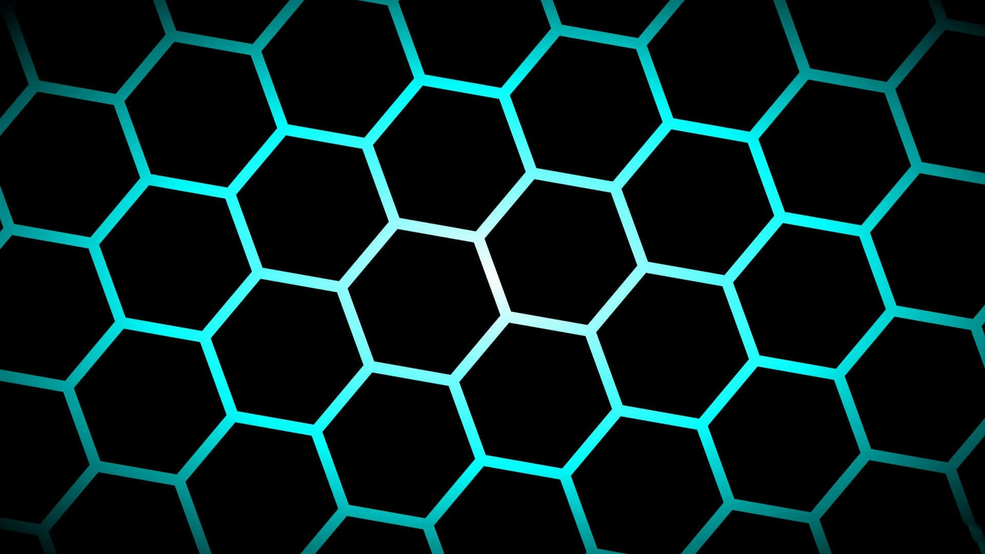 青色GIF 桌布 壁紙 — 在黑色背景上發光的青色六邊形網格圖案，營造出未來感的數位紋理。