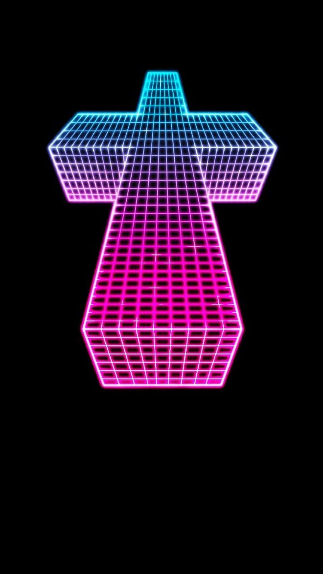 Vaporwave 桌布 壁紙 — 在黑色背景上發出粉紅色和藍色光芒的發光網格十字架。