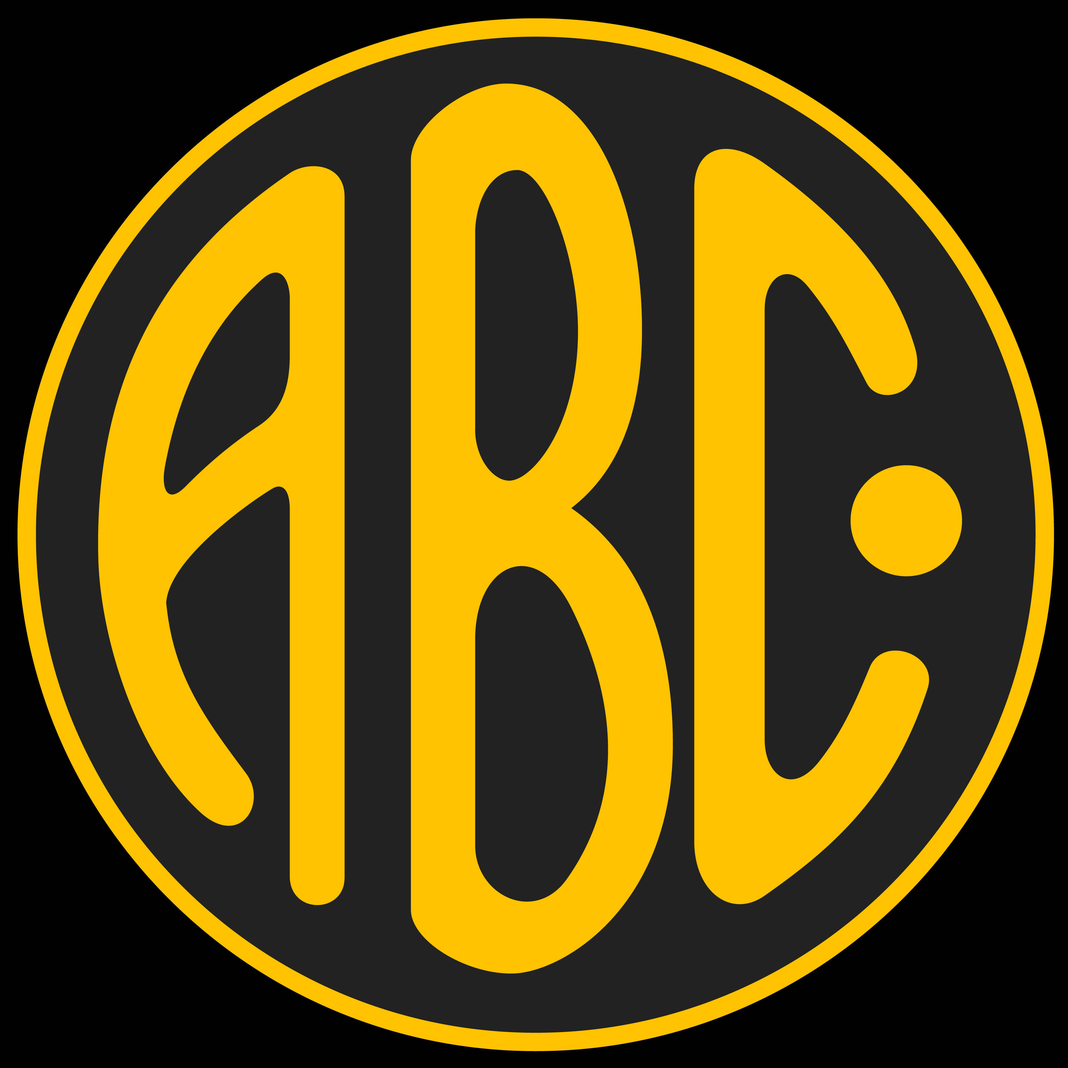 abc 桌布 壁紙 — 在黑色背景上的圓形標誌中，粗體黃色ABC字母。