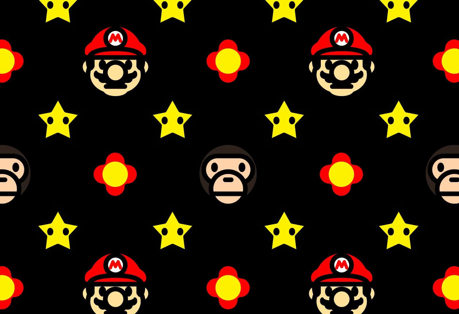 Bape 動態 桌布 壁紙 — 在黑色背景上重複出現瑪利歐臉孔、花朵和星星的圖案，採用大膽的原色。