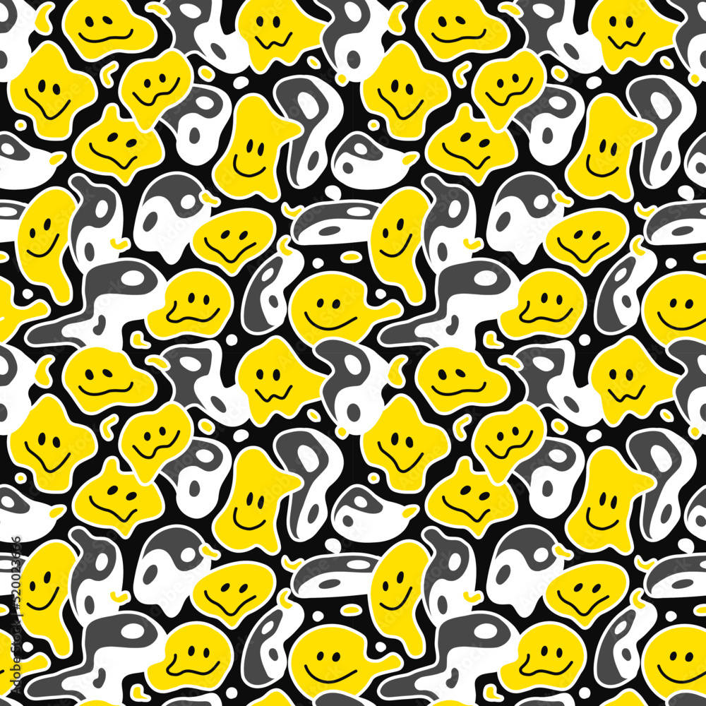 Smiley Face 桌布 壁紙 — 在黑色背景上重複出現的快樂黃色笑臉和幽靈般的白色形狀圖案。