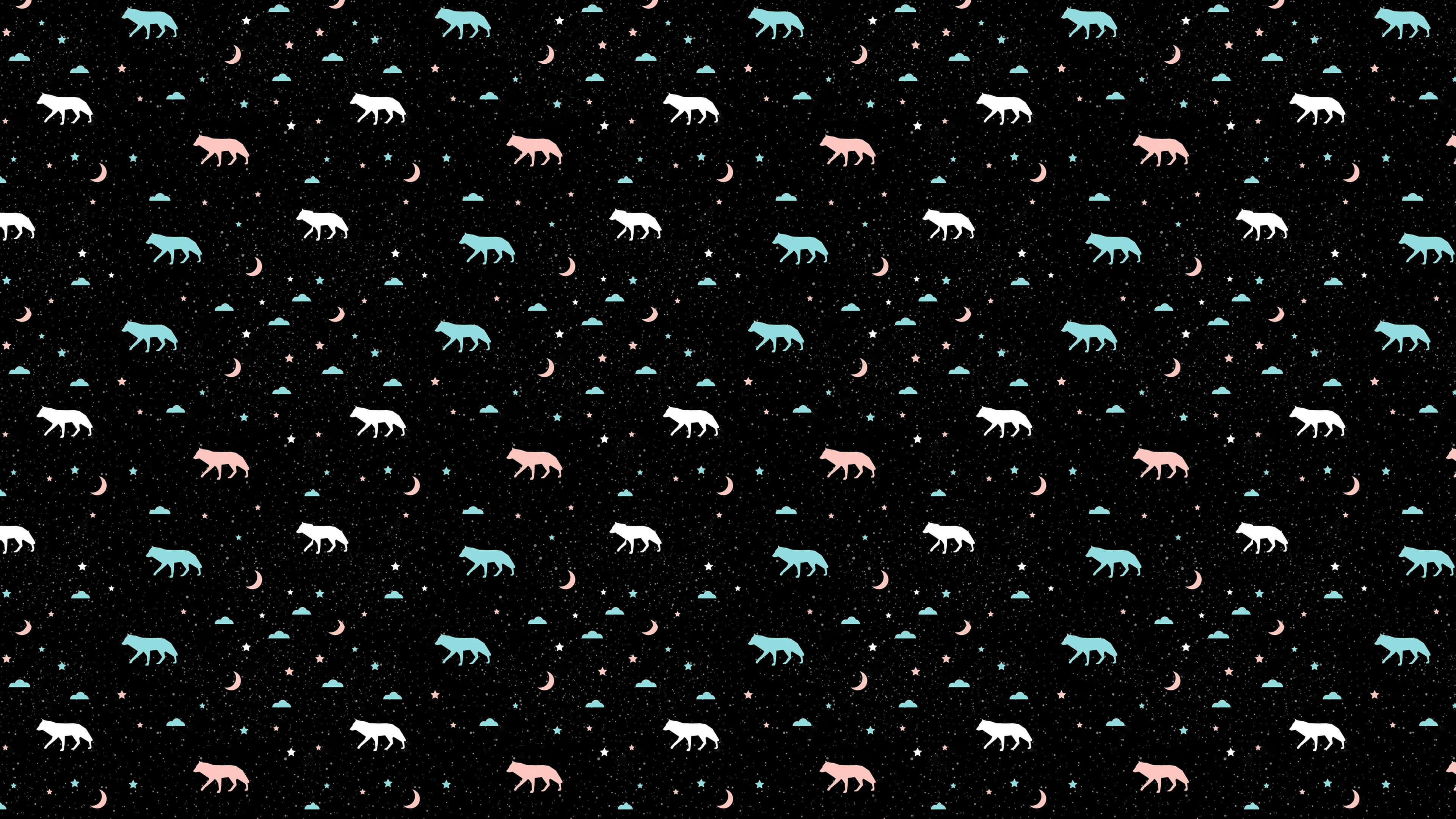 Wolf Pattern 桌布 壁紙 — 在黑色背景上重複出現的風格化狼、月亮和星星圖案，帶有柔和色調。
