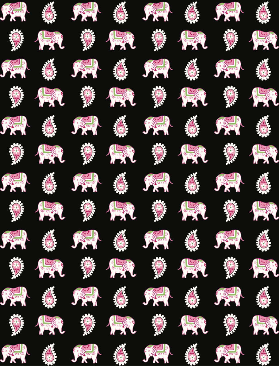 Pink Elephant 桌布 壁紙 — 在黑色背景上重複出現粉紅色和綠色裝飾大象及佩斯利圖案。