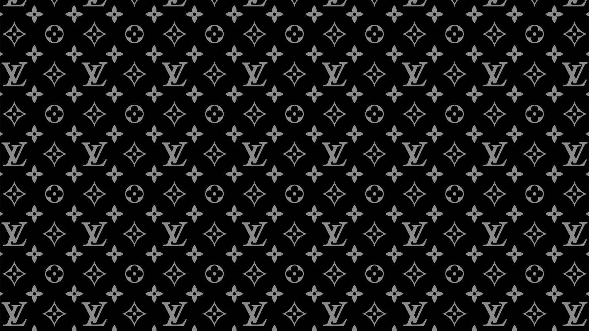 Louis Vuitton Logo 桌布 壁紙 — 在黑色背景上重複的單色 Louis Vuitton 字母圖案，帶有銀色標誌和花卉圖案。