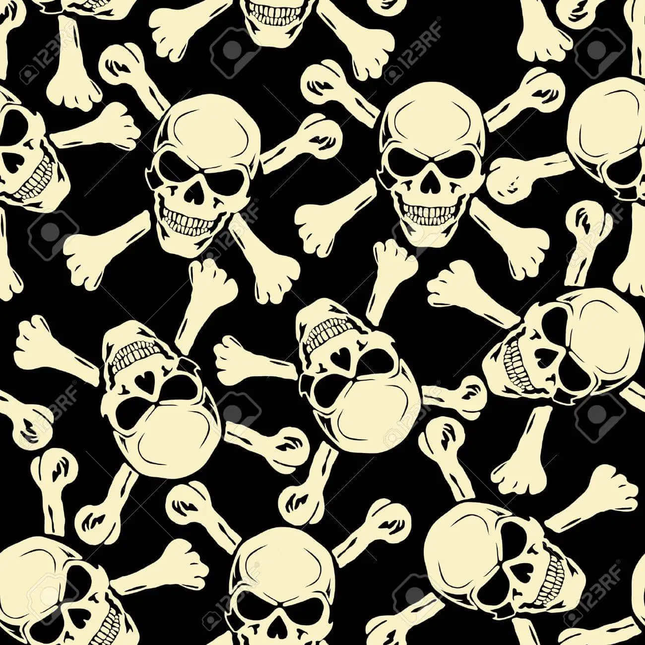 Evil Skull 桌布 壁紙 — 在黑色背景上重複的奶油色頭骨和骨頭圖案，部分頭骨帶有心形眼窩。