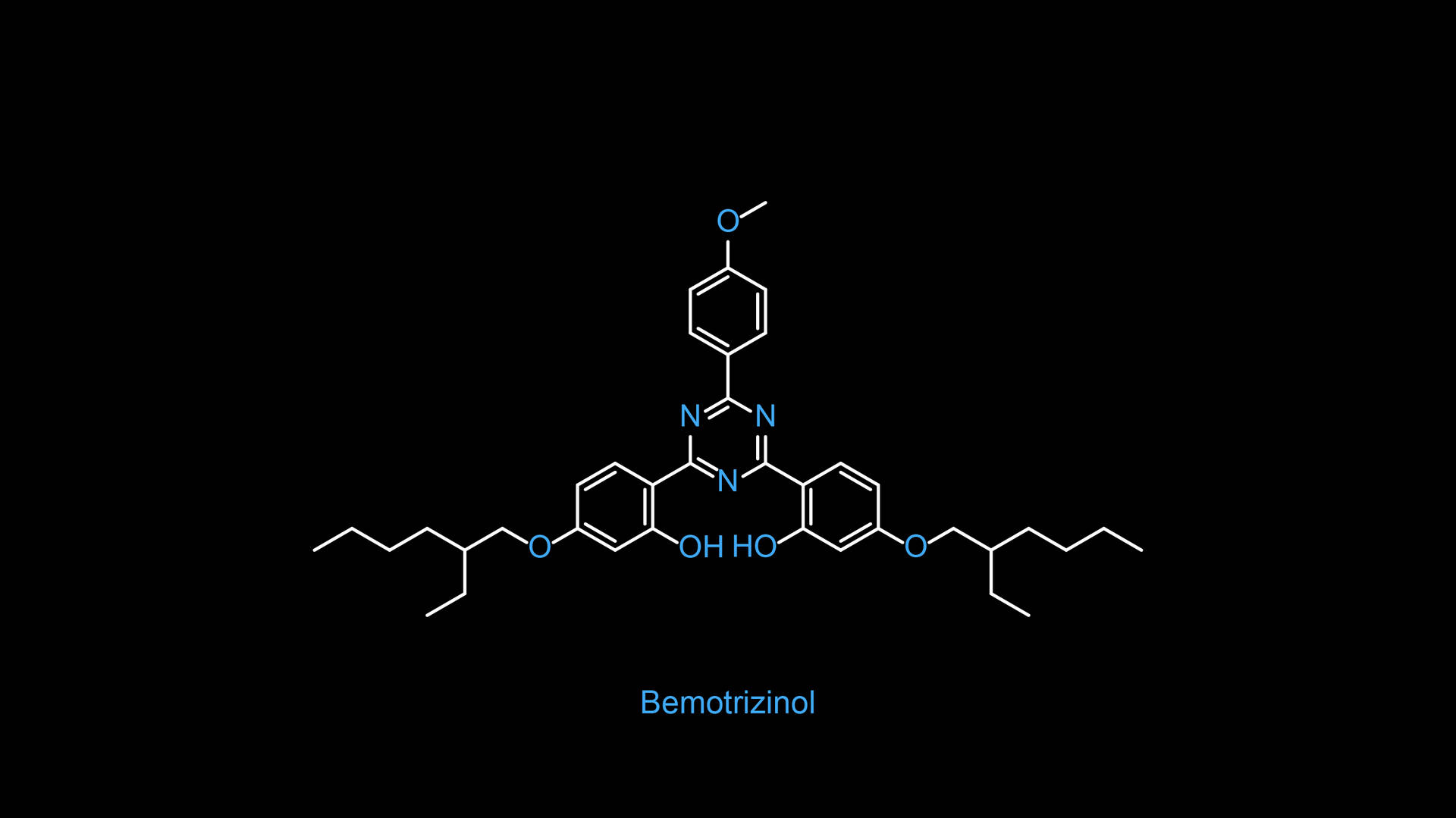黑色背景上帶有藍色標籤的 Bemotrizinol 化學結構圖。 — 化學 GIF 壁紙
